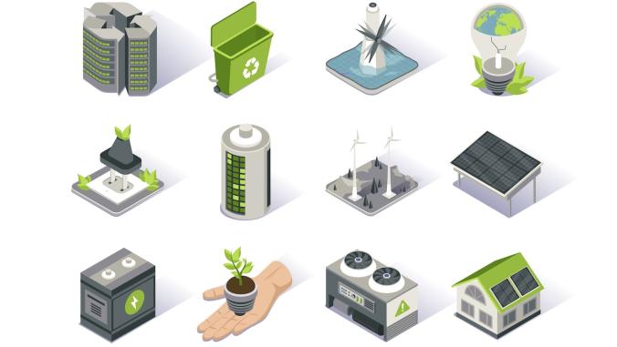 12 clean energy icons, including wind and solar energy production