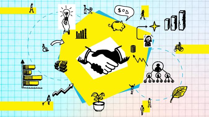 An illustration of a handshake, piggy bank, plants and arrows over a blue, yellow and pink grid