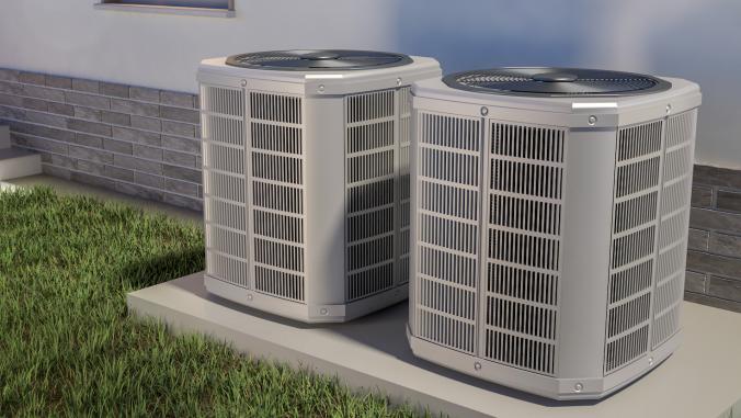 3-D illustration of two heat pumps outside of a house