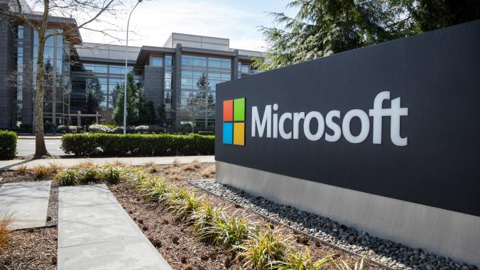 A wide angle view of the Microsoft logo at the company's headquarters in Washington state