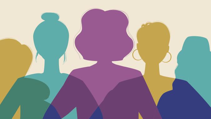 An illustration of five women, each a different color, to represent the power women hold collectively