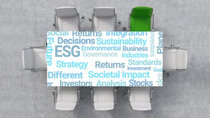 Aerial view of boardroom table with one green chair and table superimposed with word cloud of sustainability terms