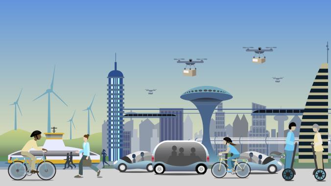Illustration of sustainable city with driverless vehicles, drones, e-bikes, monorail trains