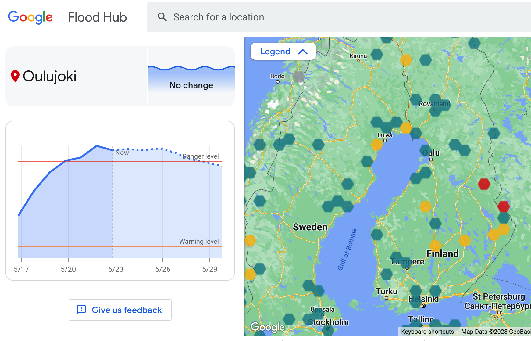 The Google Flood Hub showed elevated risks in Finland May 23, 2023.